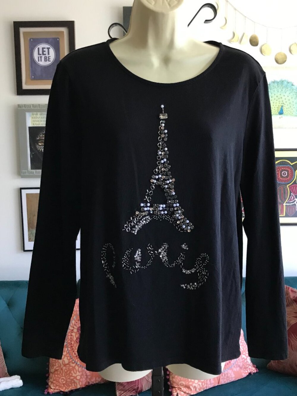 CHICO'S size 1 / M Black Beaded Cotton Modal Paris Eiffel Tower Tee T-Shirt